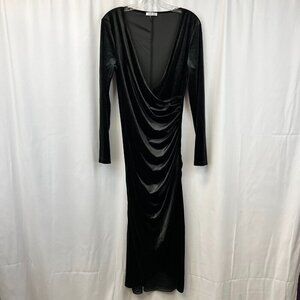 Dirass Womens Black Bodycon Dress Velour Midi Long Sleeve Ruched Size Large